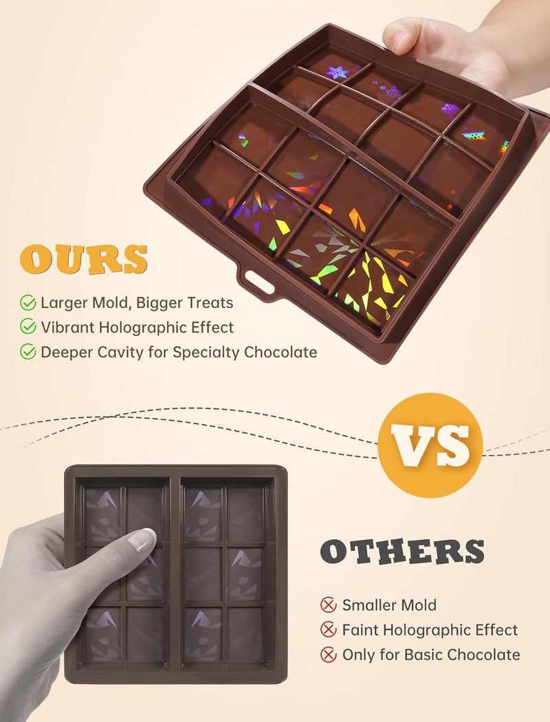 NiHome 0.67 Inch Holographic Dubai Chocolate Molds, Silicone Chocolate Bar Mold for Black Chocolate, Dishwasher Safe & Wall Hanging, Christmas Valentine Gift (Snowflake and Firework Patterns) - Image 5